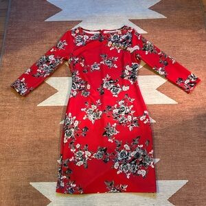 Small New York and Company red, gray and black, long sleeve, fitted dress